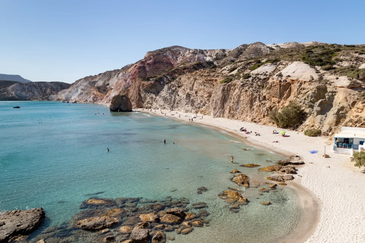 Firiplaka beach in Milos on a calm summer day, seen from above