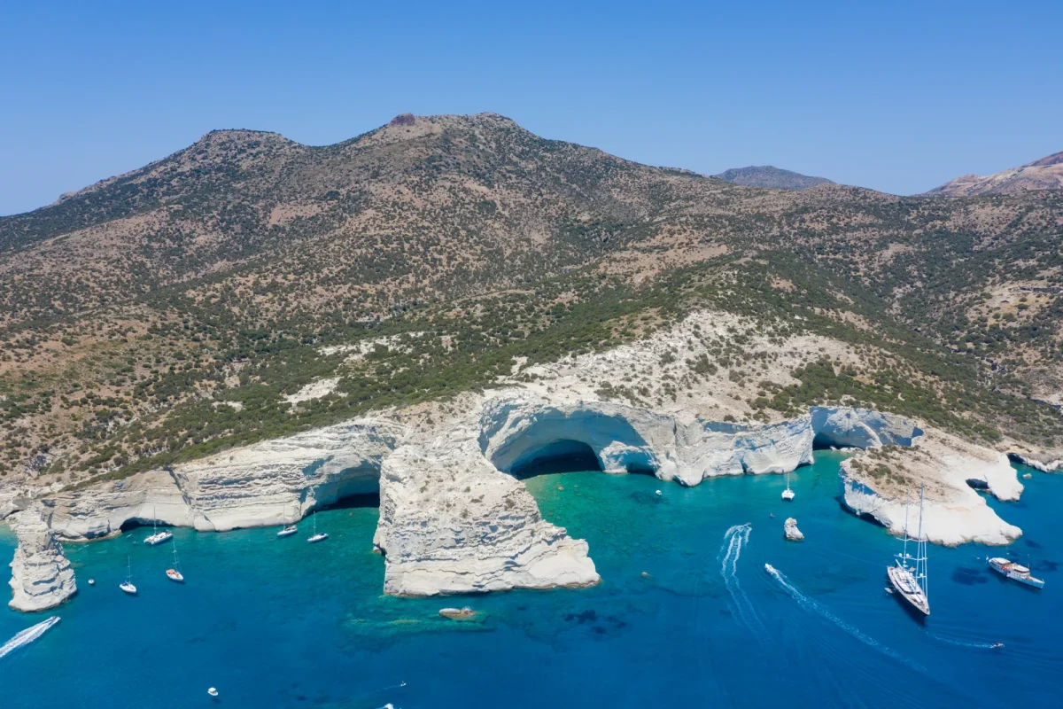 Aerial view of the white cliffs and sea caves of Kleftiko, Milos